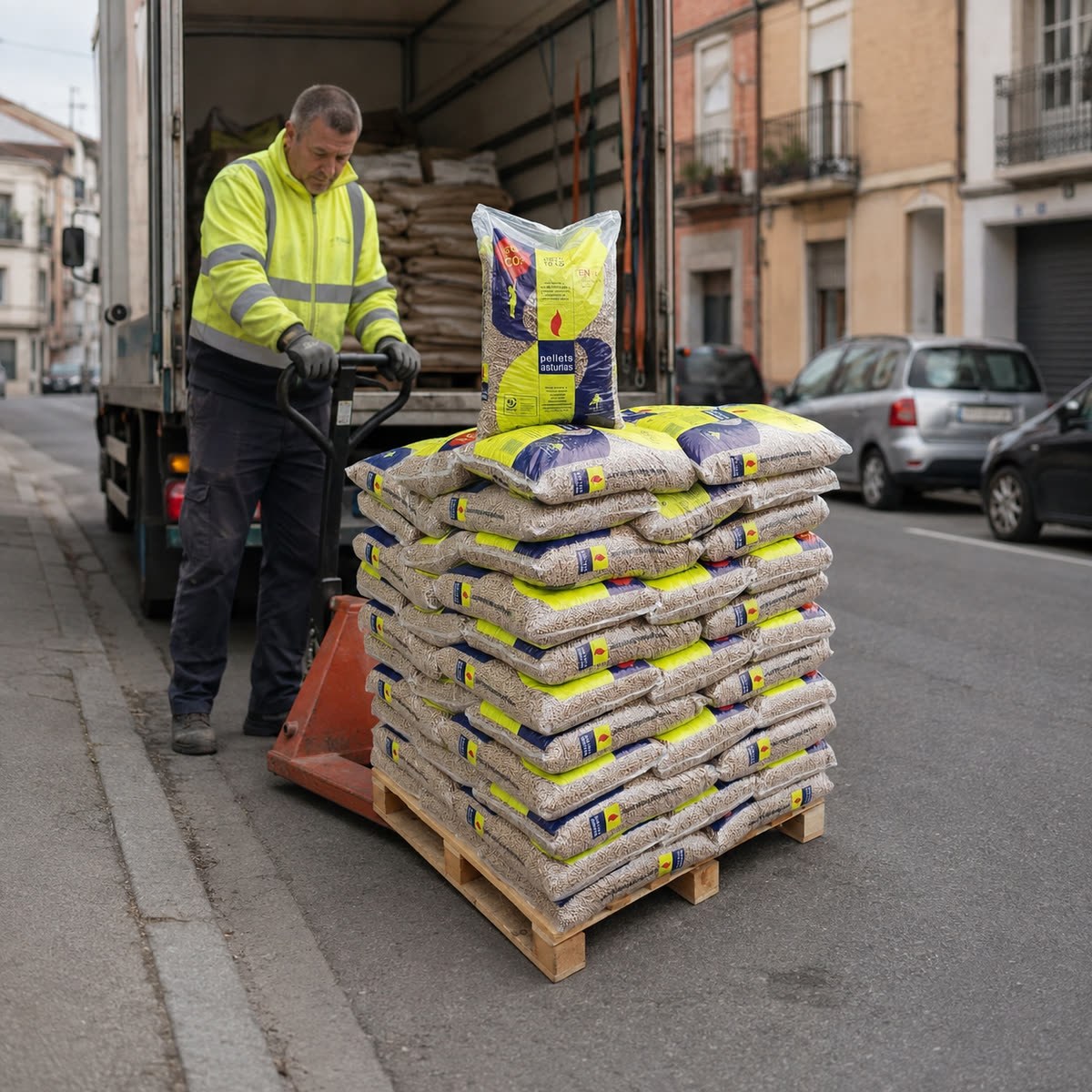 Entrega a pie de calle de un palet de pellets Pellets Asturias