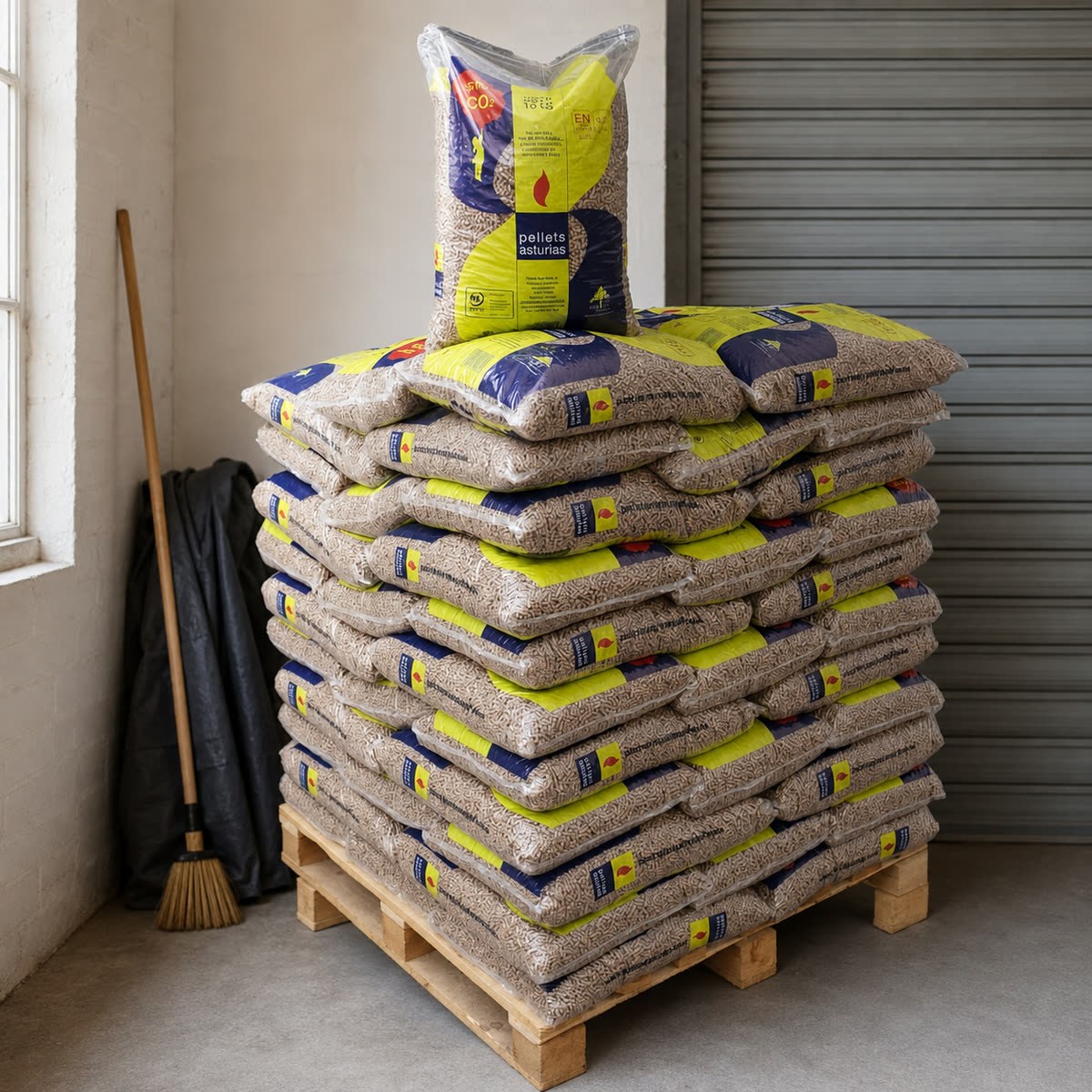 Palet de pellets Pellets Asturias almacenado en garaje seco