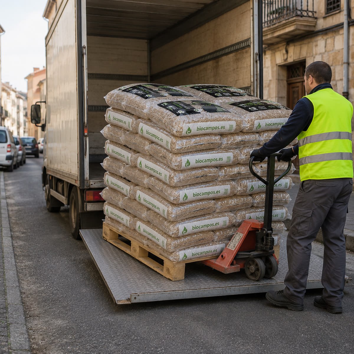 Entrega a pie de calle de un palet de pellets Biocampo