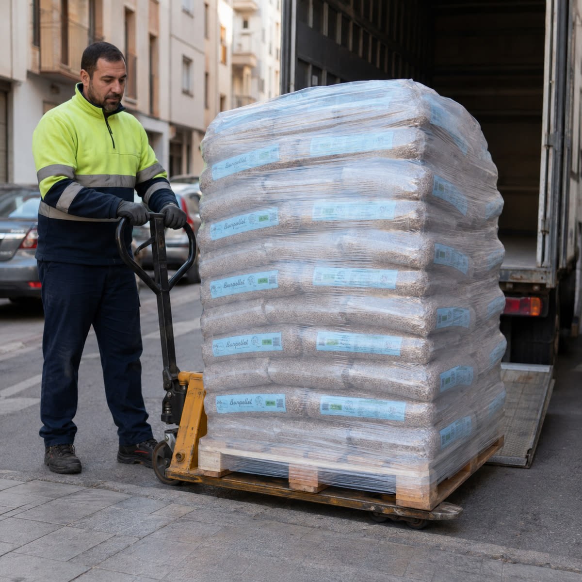 Entrega a pie de calle de un palet de pellets BURPELLET