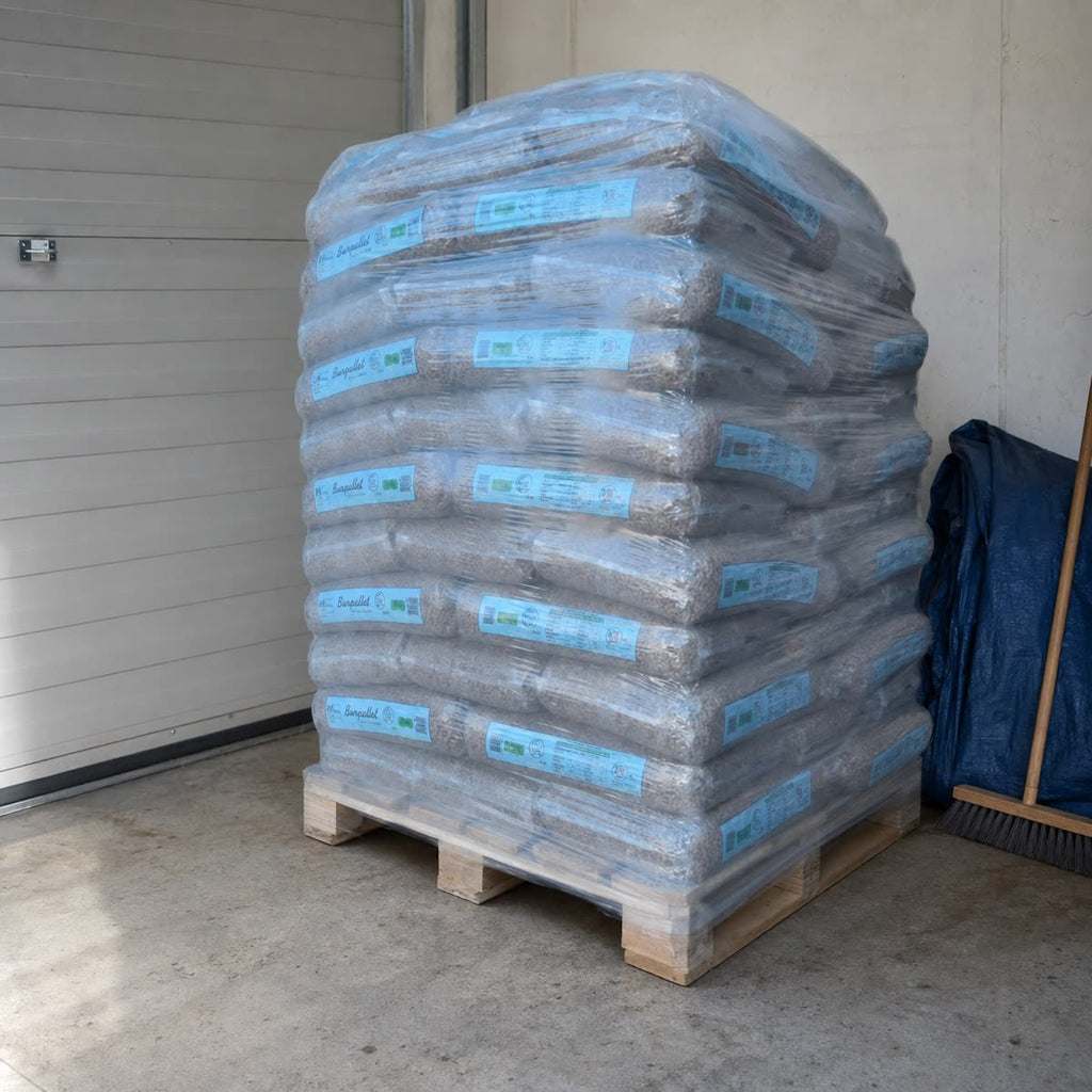 Palet de pellets BURPELLET almacenado en garaje seco