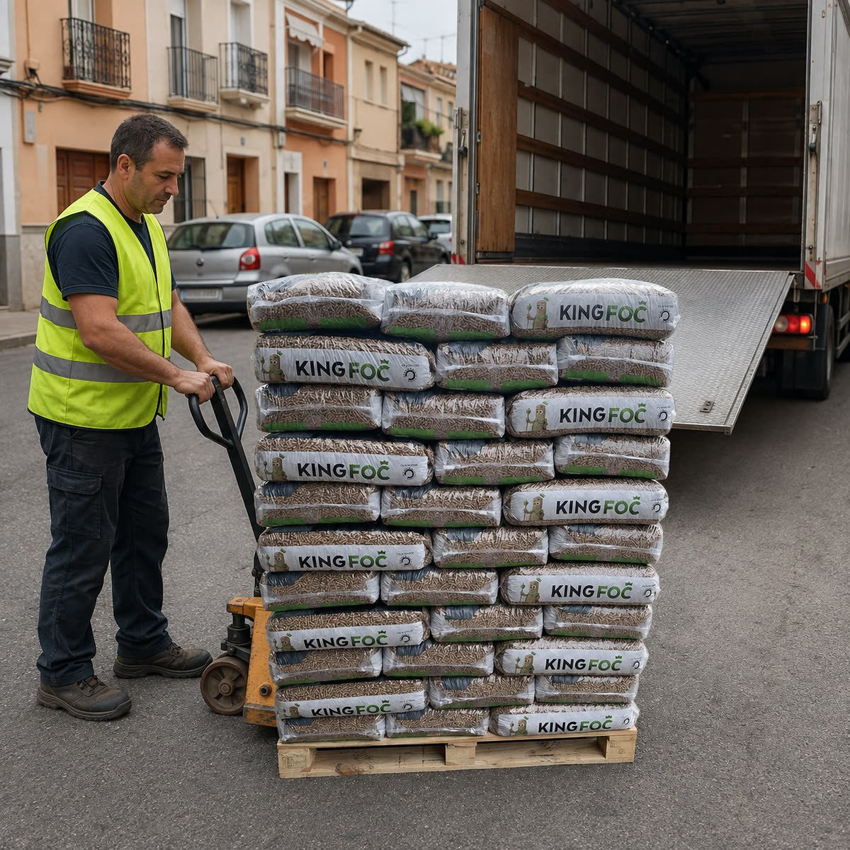 Entrega a pie de calle de un palet de pellets King Foc