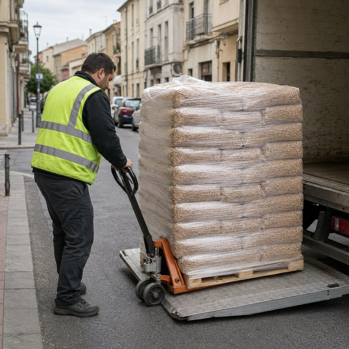 Entrega de un palet de pellets a pie de calle